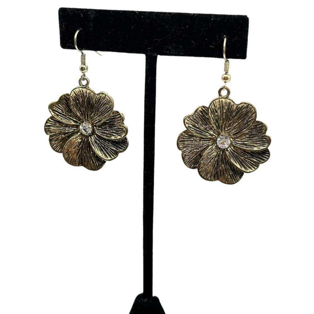 Vintage Gold Town Flower Drop Earrings With Rhinestones Hook Pierced